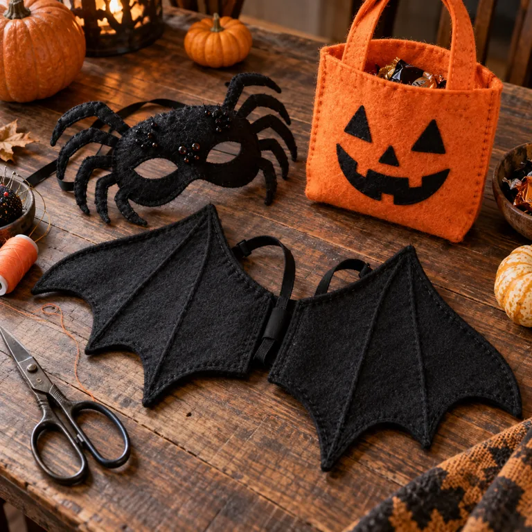 Project inspiration: felt bat wings, spider mask and pumpkin treat bag.