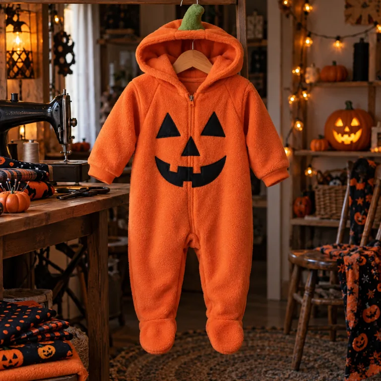 Project inspiration: an orange pumpkin fleece onesie on a hanger.