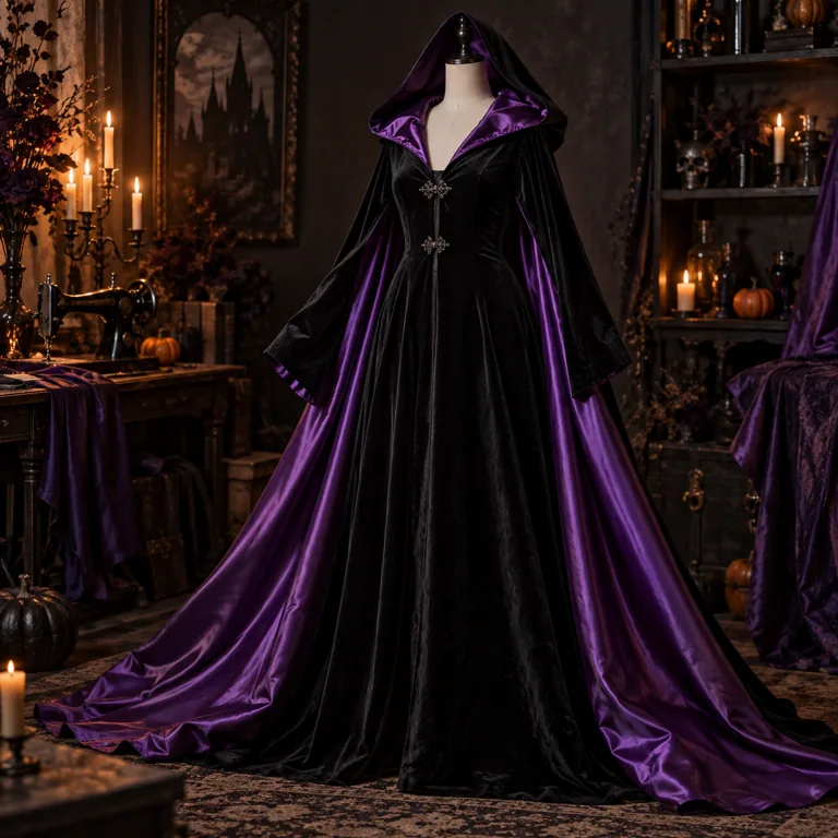 Project inspiration: black hooded costume with purple satin lining.