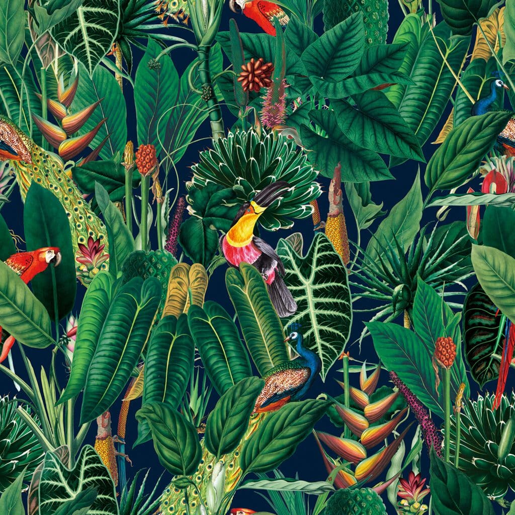 Premium Italian Velvet Prints - Rain Forest - Navy - 148cm Wide ...