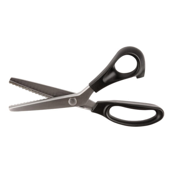 A pair of pinking shears with zigzag blades, featuring a metallic finish and black plastic handles. The shears are shown in an open position against a white background.