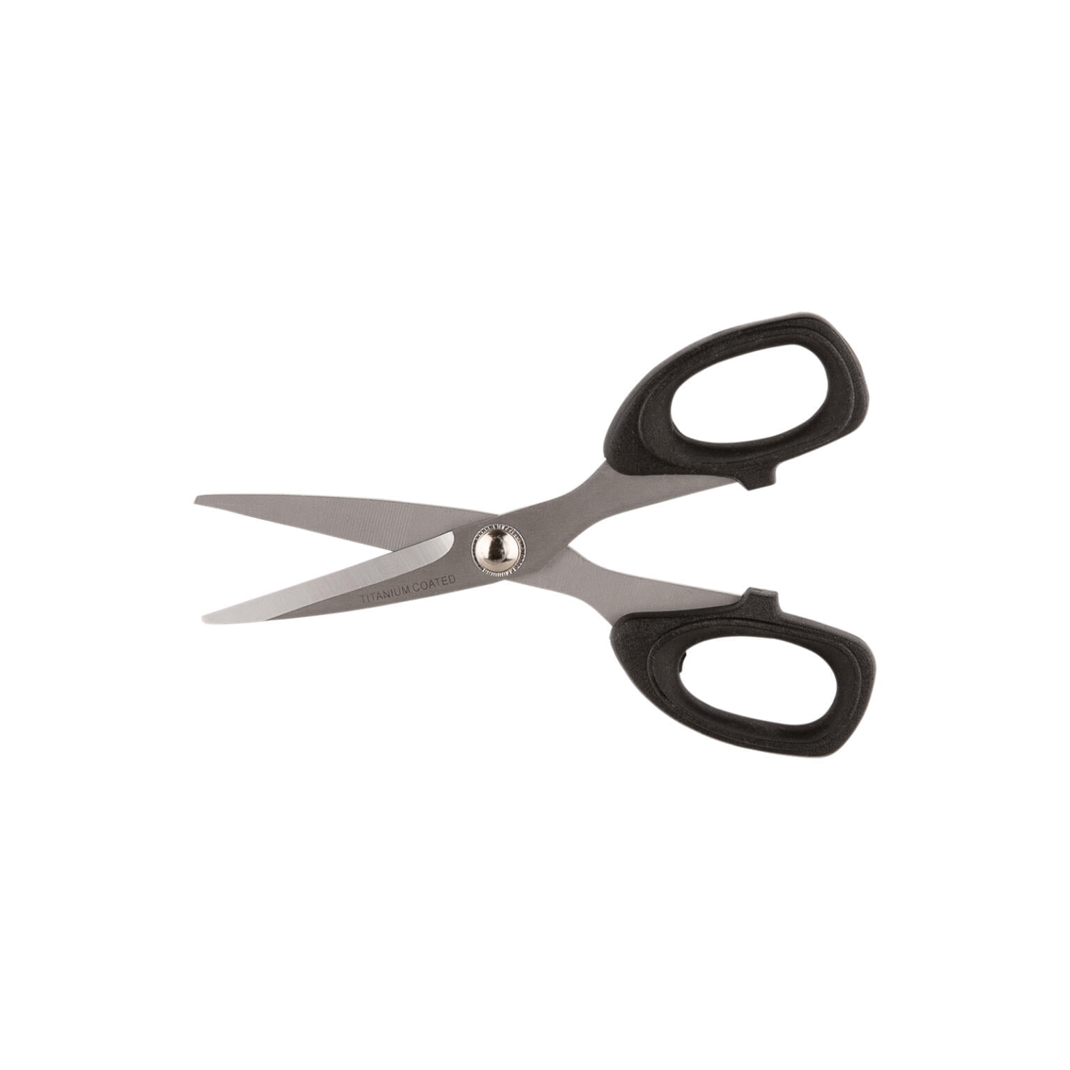 A pair of stainless steel scissors with black plastic handles. The blades are sharp and angled, ready for cutting. The scissors are positioned against a white background with the handles on the right side and the blades pointing to the left.