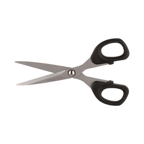 A pair of stainless steel scissors with black handle grips. The scissors are in an open position, showcasing their sharp blades. The handle loops are ergonomically designed for comfort and control during use.