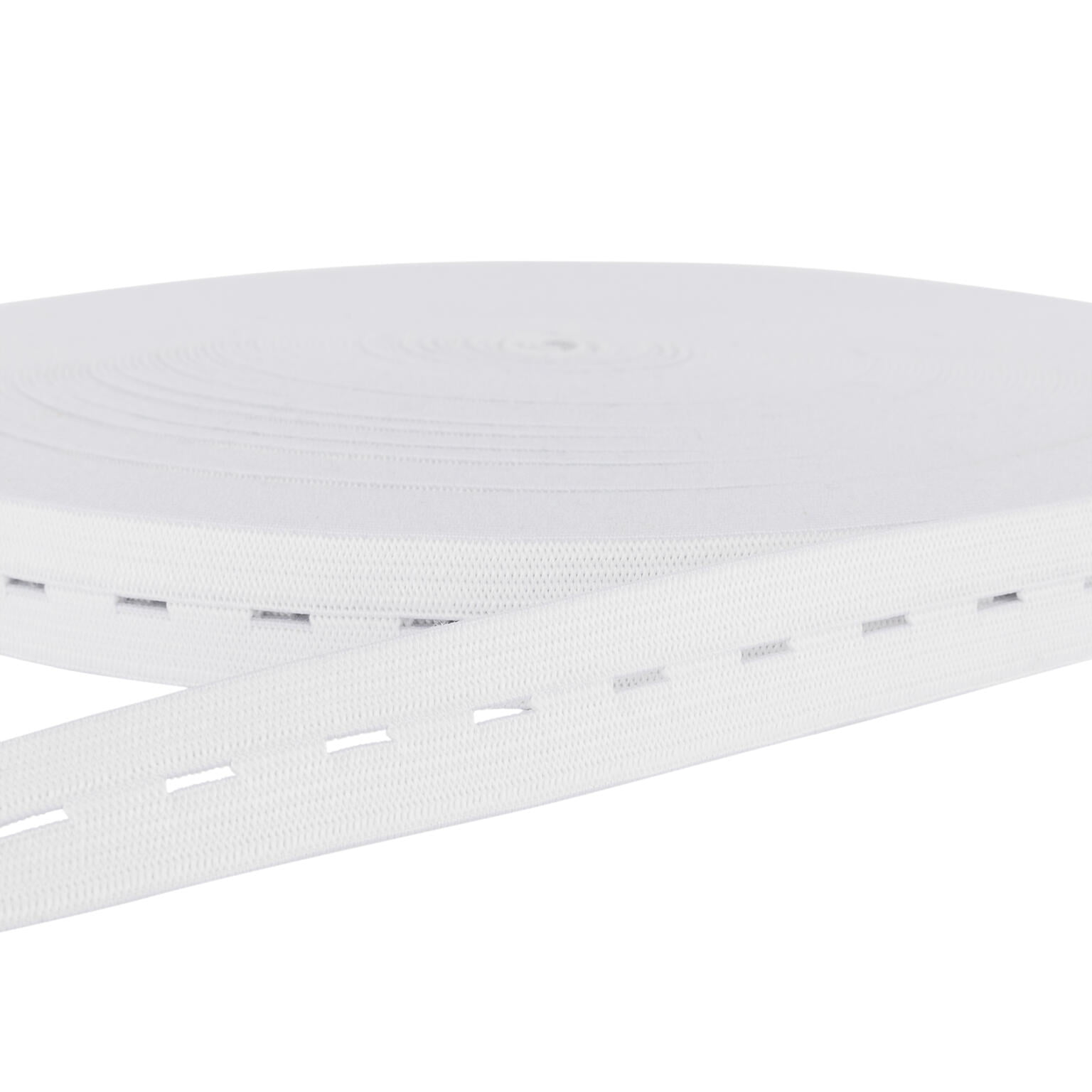 A roll of white elastic band with evenly spaced holes along its length lies flat on a white background. A small portion of the band is extended from the roll, displaying the perforations clearly.