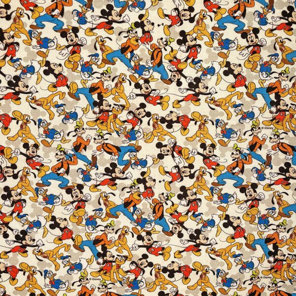 A vibrant pattern featuring colorful cartoon characters in various action poses. The design includes characters with black ears, blue pants, orange shirts, and yellow clothing, all set on a light background, creating a playful and busy visual texture.