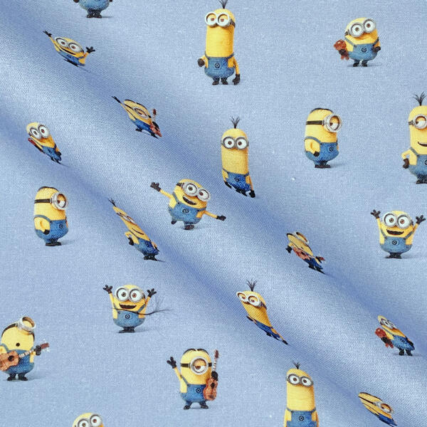 Light blue fabric with a pattern of small, yellow, cartoon characters known as Minions. The Minions are depicted in various playful poses, some playing guitars, some with arms raised, and others with different expressions and actions.