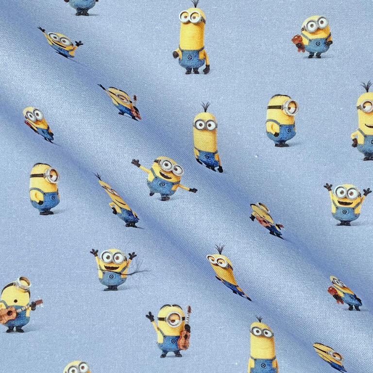 Light blue fabric with a pattern of small, yellow, cartoon characters known as Minions. The Minions are depicted in various playful poses, some playing guitars, some with arms raised, and others with different expressions and actions.