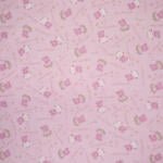A pink patterned fabric features small illustrations of cartoon pigs wearing crowns and tutus, along with hearts and stars scattered throughout. The design is playful and whimsical, suitable for children's textiles or decor.