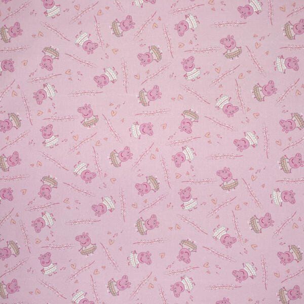 A pink patterned fabric features small illustrations of cartoon pigs wearing crowns and tutus, along with hearts and stars scattered throughout. The design is playful and whimsical, suitable for children's textiles or decor.