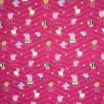 A vibrant pink fabric with a zigzag pattern featuring various cartoon animals in different playful poses. The design includes pigs, rabbits, mice, dogs, cats, and other whimsical characters, all dressed in colorful clothing and surrounded by tiny decorative elements.