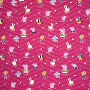 A vibrant pink fabric with a zigzag pattern featuring various cartoon animals in different playful poses. The design includes pigs, rabbits, mice, dogs, cats, and other whimsical characters, all dressed in colorful clothing and surrounded by tiny decorative elements.