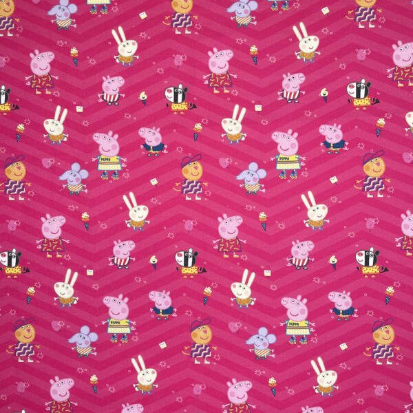 A vibrant pink fabric with a zigzag pattern featuring various cartoon animals in different playful poses. The design includes pigs, rabbits, mice, dogs, cats, and other whimsical characters, all dressed in colorful clothing and surrounded by tiny decorative elements.