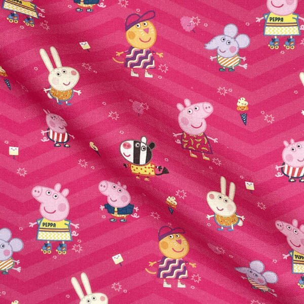 A vibrant pink fabric textured with diagonal zigzag lines features cartoon characters such as a pig, rabbit, mouse, and other animals in playful outfits, engaging in activities like eating ice cream. Some characters have the name "Peppa" on their shirts.