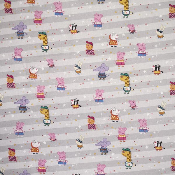 A patterned fabric features various cartoon animals, including pigs, giraffes, rabbits, and elephants wearing colorful clothes. The animals are arranged in a repetitive, grid-like pattern on a light gray background with diagonal stripes and star accents.
