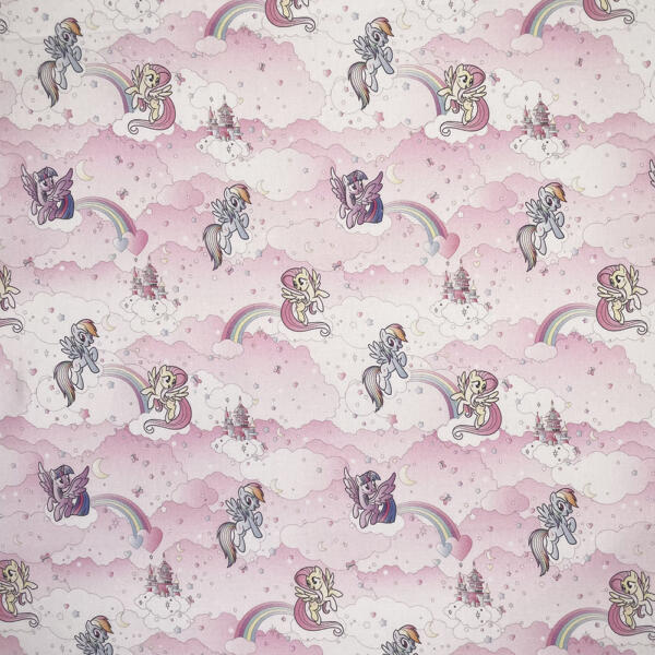 A whimsical pattern featuring unicorns and pegasus ponies in pastel colors flying among clouds, rainbows, and castles against a pink background. The scene is dreamy and fantastical, creating a magical atmosphere.