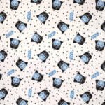 Fabric with a repeating pattern featuring stylized black and blue Darth Vader helmets, blue "Star Wars" logos, and small black triangles on a white background.