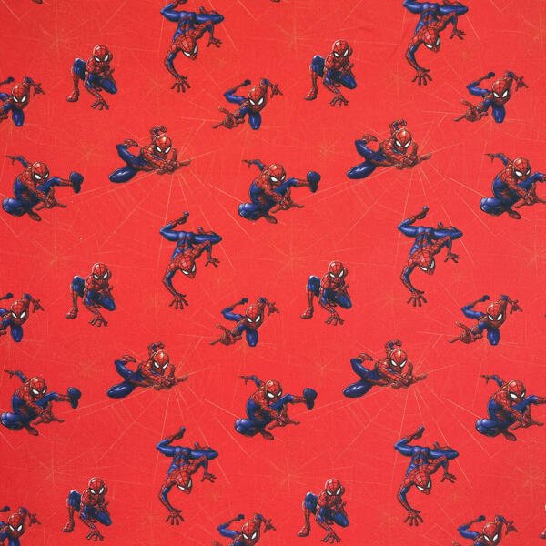 Patterned red fabric featuring various poses of Spider-Man in his classic suit. The superhero is depicted in different action positions, including swinging on webs, crouching, and mid-air acrobatics, set against a subtle web background.