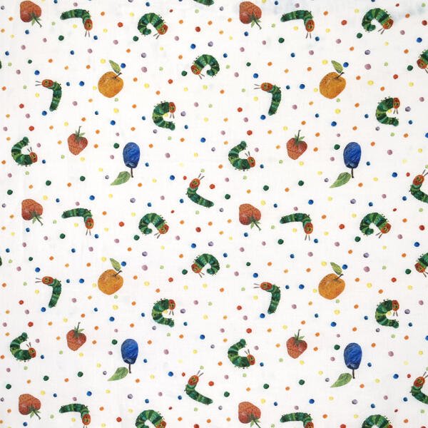 A patterned fabric featuring illustrations of caterpillars, apples, plums, and oranges, interspersed with colorful polka dots on a white background. The design is playful and vibrant, evoking a children's theme.