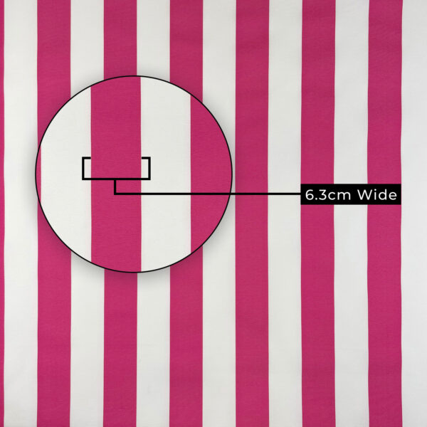 The Waterproof Fabric | Waterproof Canvas | Striped Fabric features pink and white vertical waterproof canvas stripes, with a circle highlighting one 6.3cm wide pink stripe.