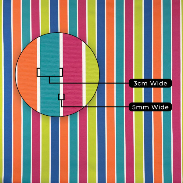 Waterproof Fabric | Waterproof Canvas | Striped Fabric features vibrant vertical stripes in orange, blue, teal, pink, and green. Zoomed detail shows a 3 cm green stripe and a 5 mm white stripe on waterproof canvas.