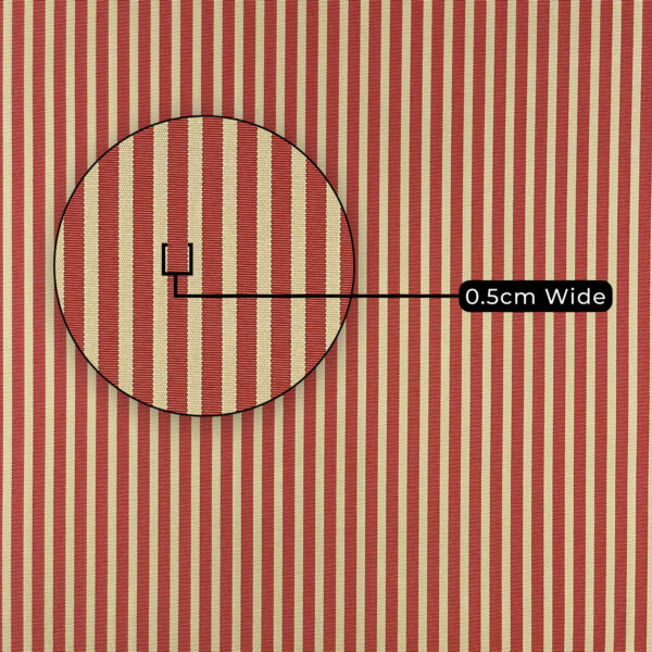 A close-up of Waterproof Fabric | Waterproof Canvas | Striped Fabric shows alternating narrow red and beige vertical stripes. A magnified circle highlights a 0.5 cm wide red stripe.