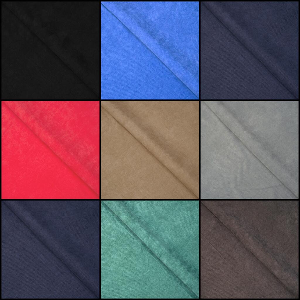 A grid of nine fabric swatches in various colors: black, blue, dark gray, red, beige, light gray, dark navy, green, and brown. Each swatch is displayed diagonally, showing texture and shading.