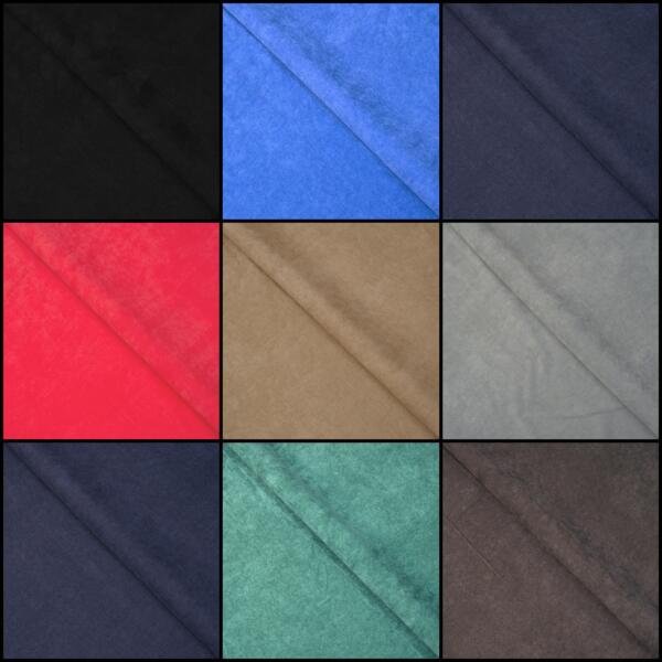 A grid of nine fabric swatches in various colors: black, blue, dark gray, red, beige, light gray, dark navy, green, and brown. Each swatch is displayed diagonally, showing texture and shading.