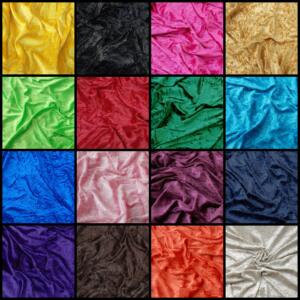 A grid of 16 squares features different shades of crumpled velvet fabric. The colors include yellow, black, hot pink, beige, green, red, emerald, teal, royal blue, silver, purple, navy blue, violet, brown, orange, and light gold.