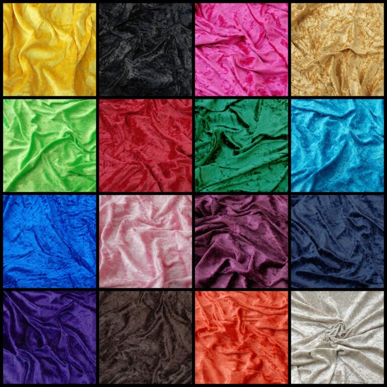 A grid of 16 squares features different shades of crumpled velvet fabric. The colors include yellow, black, hot pink, beige, green, red, emerald, teal, royal blue, silver, purple, navy blue, violet, brown, orange, and light gold.