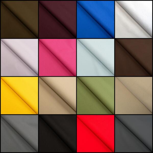 A grid of 20 fabric swatches, each a different color. The colors include various shades of brown, blue, pink, white, yellow, beige, green, red, and black. The fabrics are neatly folded, showcasing their texture and color.