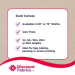 Canvas fabric infographic infographic showing we have 60 inch and 72 inch wide options. Great quality for arts, crafts and upholstery.