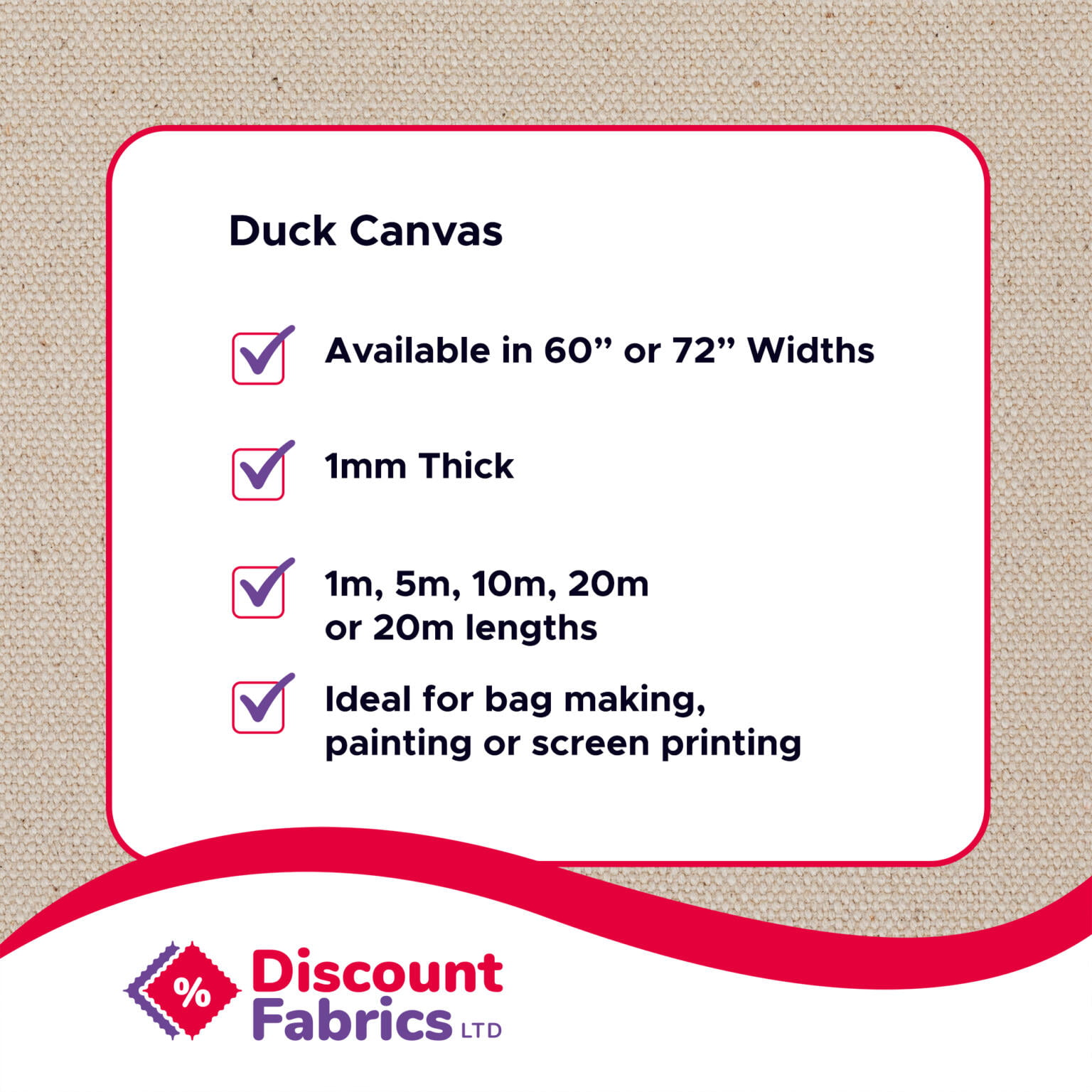 Canvas fabric infographic infographic showing we have 60 inch and 72 inch wide options. Great quality for arts, crafts and upholstery.
