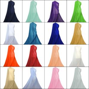 A grid of 20 squares, each showcasing a different color of a sheer, flowing fabric draped over a mannequin. Colors include various shades of blue, purple, green, white, yellow, red, orange, pink, and beige. The background is plain white.