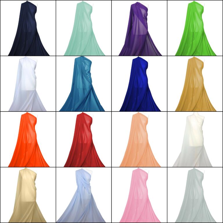 A grid of 20 squares, each showcasing a different color of a sheer, flowing fabric draped over a mannequin. Colors include various shades of blue, purple, green, white, yellow, red, orange, pink, and beige. The background is plain white.