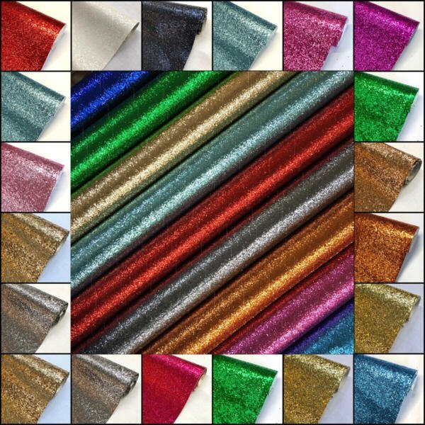 A collage of 25 images showcasing various rolls of glittery fabric. The central image features an array of six vibrant colors: green, blue, gold, silver, red, and copper. The surrounding images display close-ups of individual rolls in a variety of sparkling shades.
