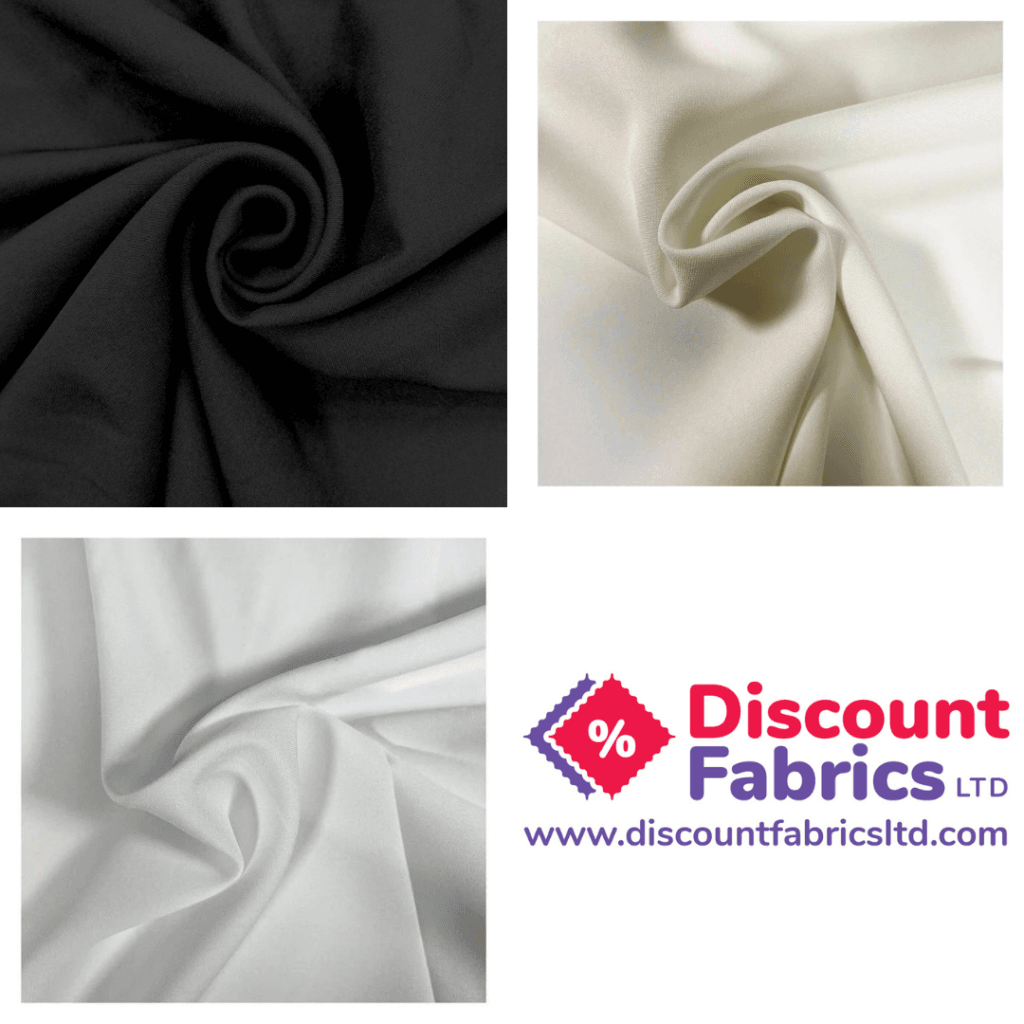Collage featuring three fabric images and a logo. Top left: black 2 Way Stretch fabric in a swirl. Top right: ivory Bi Stretch fabric draped. Bottom left: white Workwear fabric draped. Bottom right: Logo with "Discount Fabrics Ltd" and website.