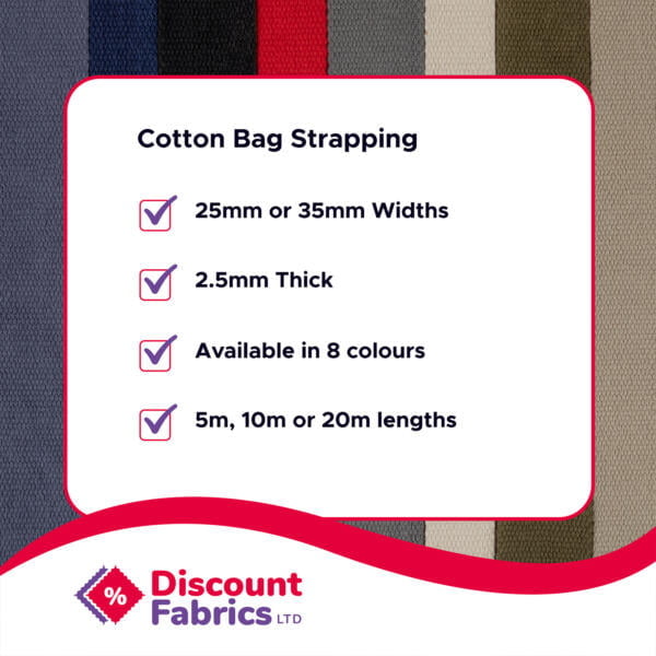 An advertisement for Discount Fabrics LTD promoting cotton bag strapping. The features include 25mm or 35mm widths, 2.5mm thickness, availability in 8 colors, and lengths of 5m, 10m, or 20m. The background shows various colored fabric straps.