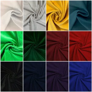 A grid of 12 vibrantly colored Cotton Velvet Fabric swatches, each carefully twisted at the center, showcasing a palette that includes white, light gray, yellow, teal, bright green, dark green, maroon, deep red, dark gray, black, purple, and dark blue.