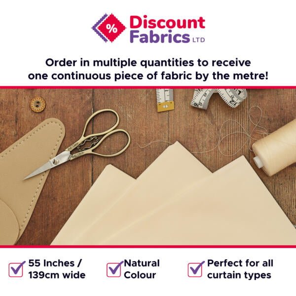 A Discount Fabrics advertisement displays various sewing materials on a wooden surface, including fabric, scissors, a measuring tape, and thread. Text states the fabric's width of 55 inches (139 cm), its natural color, and suitability for all curtain types.
