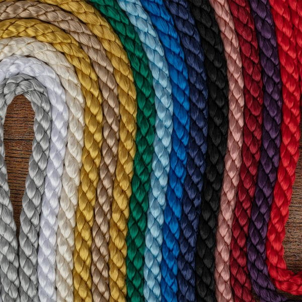 A display of ropes, each a different color—white, silver, yellow, green, teal, blue, navy, gray, black, red, dark red, and maroon—arranged in parallel curves against a wooden background. The ropes exhibit a braided texture.