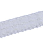 A close-up of a white textured ribbon with a subtle checkered pattern. The ribbon features a woven design with a slightly uneven edge. The background is plain white, emphasizing the details of the ribbon.