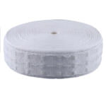 A roll of white elastic band with a textured pattern is shown on a plain background. The band is coiled neatly, displaying its width and the intricate design along its length. The spool has a small cylindrical hole in the center.