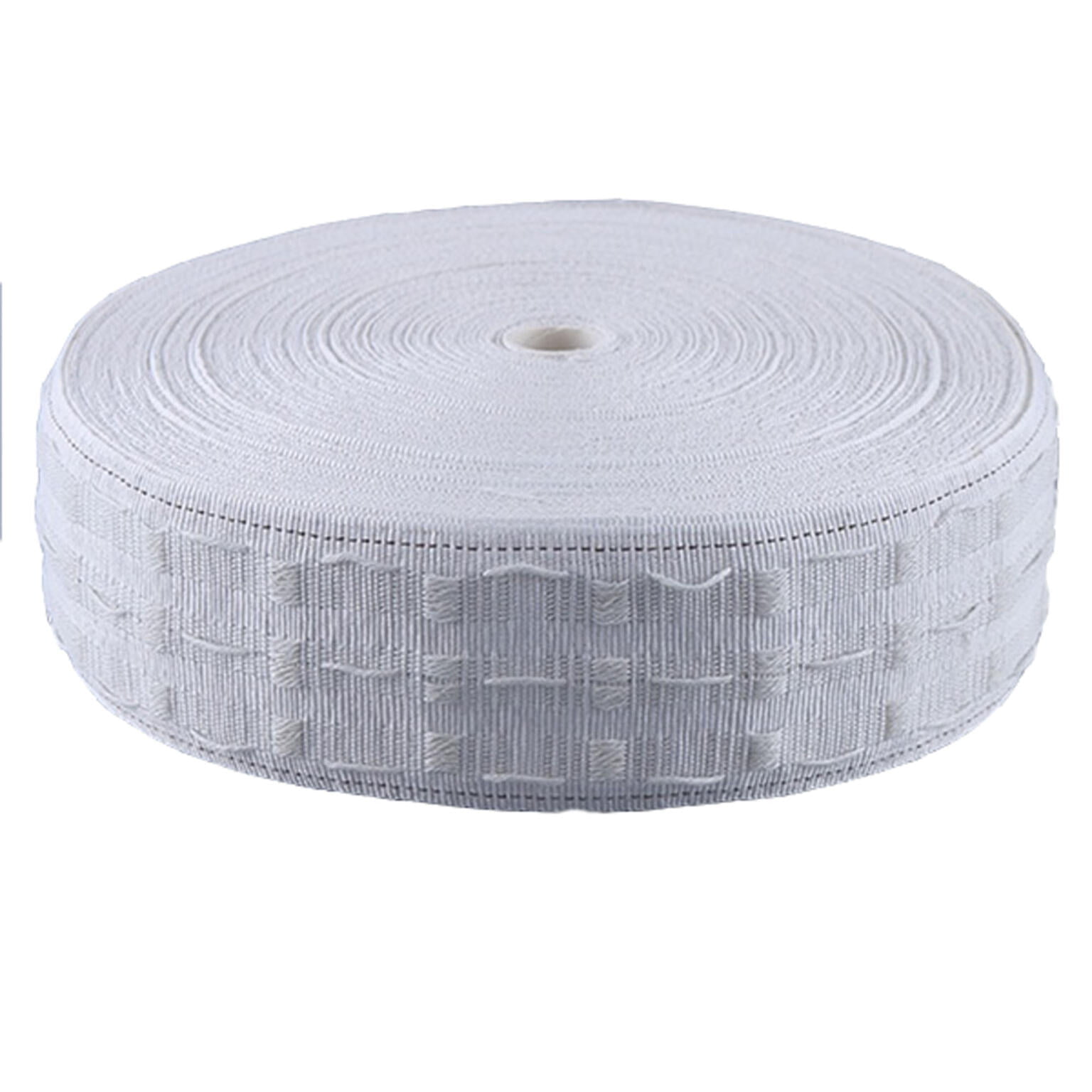 A roll of white elastic band with a textured pattern is shown on a plain background. The band is coiled neatly, displaying its width and the intricate design along its length. The spool has a small cylindrical hole in the center.