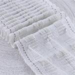 Close-up of a white textured fabric featuring a pleated design. The fabric has a striped pattern with fine threads creating a woven appearance. The edges are detailed with subtle, thin brown lines, adding a slight contrast to the predominantly white material.