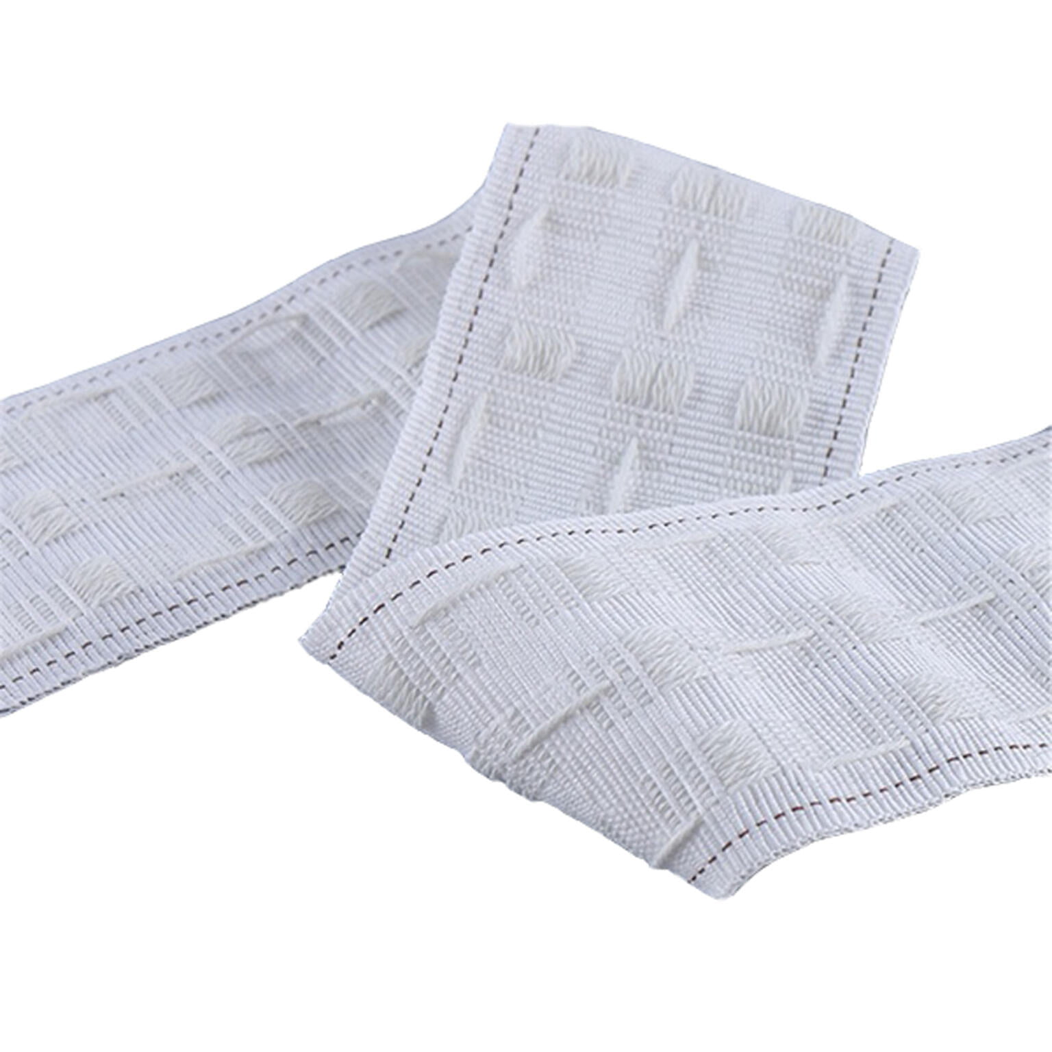 Close-up of a white woven elastic band featuring a checkered pattern. The band has textured squares and visible stitching along the edges, giving it a durable and flexible appearance.