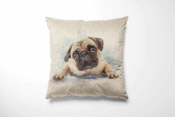 A square beige pillow with a realistic painting of a pug. The pug is depicted with large, expressive eyes and a relaxed pose, resting its paws forward. The background of the pillow is a soft gradient, enhancing the cozy and cute appearance of the design.