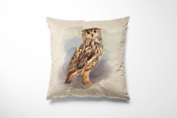A decorative throw pillow featuring an artistic, detailed illustration of an owl with large, round eyes. The owl is predominantly brown with lighter, textured feathers and is set against a subdued, light-colored background.