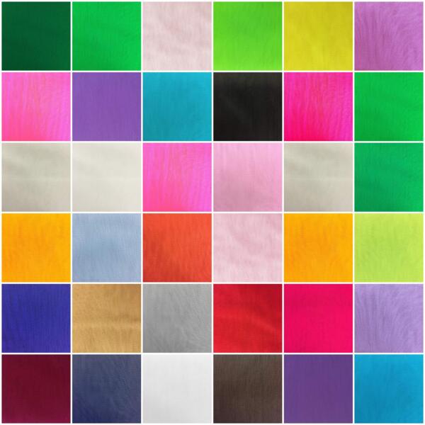 A grid of 36 colored squares, each showcasing a different hue. The colors range from greens, blues, and purples to pinks, yellows, and reds, among others. Each square has a subtle fabric-like texture.