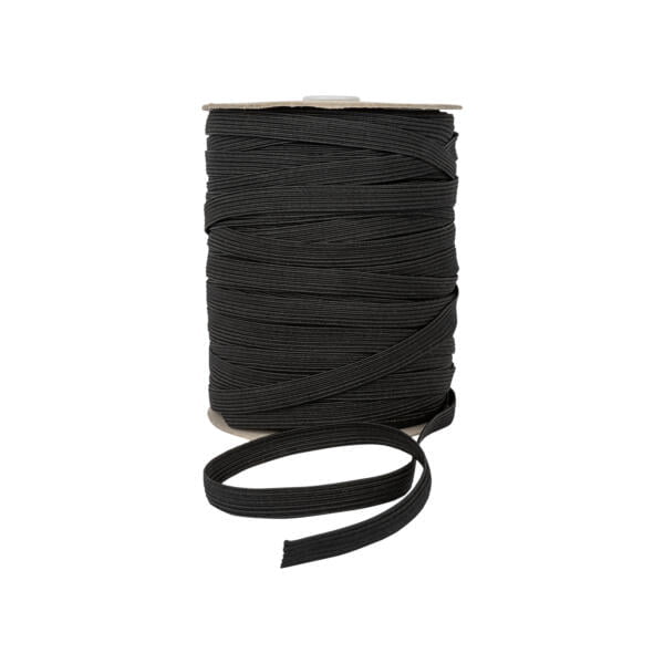 A large spool of black elastic strap is shown. The strap has a ribbed texture and is partially unwound, with a length of the strap loosely draped around the spool. The spool itself is on a white background.