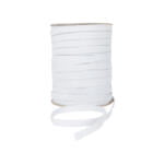 A large spool of flat white elastic ribbon is shown on a white background. The ribbon is neatly wound around the spool, with a single loose end extending out at the front.